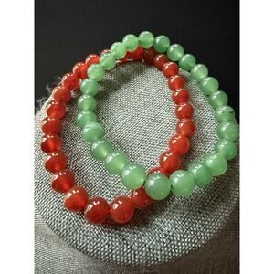 Gemstone Jade Carnelian Stretch Bracelets Set (2) Asian Boho Stackable